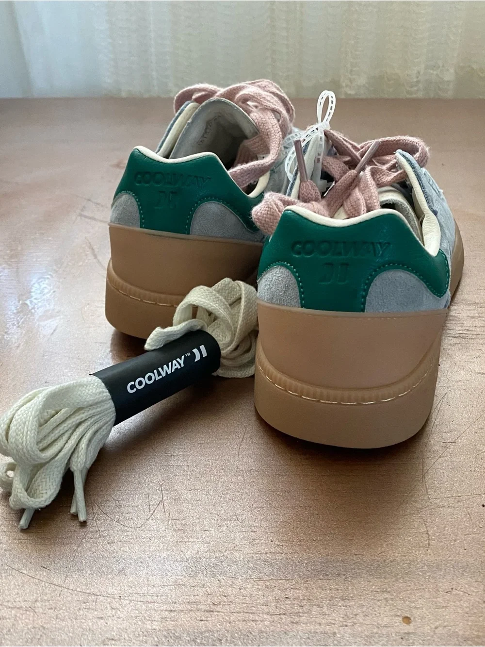 Coolway Kids Suede Sneakers in Light Blue with Pink Laces and Green Heel